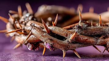 Crown of thorns resting on a textured surface with a focused view illustrating intricate details and natural elements photo