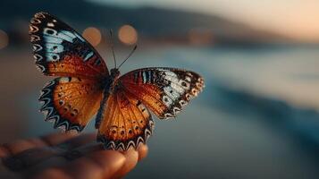 Butterfly resting gently on a person's hand at sunset near the shoreline photo