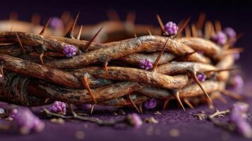 Crown of thorns adorned with purple flowers resting on a textured surface in soft lighting photo
