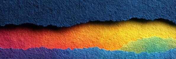 Colorful torn paper creating a vibrant abstract landscape at sunset in a creative workspace photo