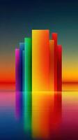 Colorful abstract structures reflect in tranquil waters during sunrise at an artistic coastal setting photo