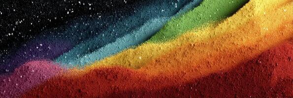 Vibrant colored powders create a beautiful landscape resembling a rainbow wave against a dark backdrop photo