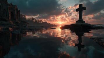 Sunset reflection on water with a cross and riverbank ruins in a serene setting photo