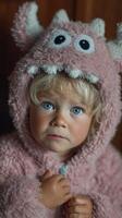 Child in adorable pink monster costume with big eyes and fluffy texture indoors during daytime photo