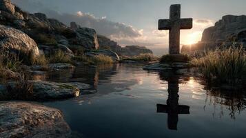 Stone cross reflecting in calm water during sunset near rocky landscape photo