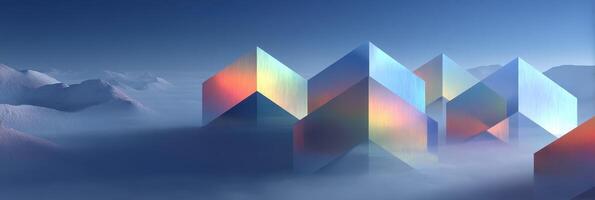 Floating geometric shapes create a surreal landscape amidst misty mountains at dawn photo