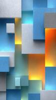 Abstract geometric composition with blue, gray, and orange blocks illuminated in a modern art display photo