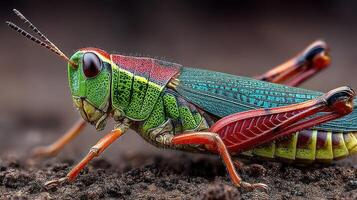 Colorful grasshopper poses on a dark surface during daytime, showcasing intricate details and vibrant colors photo