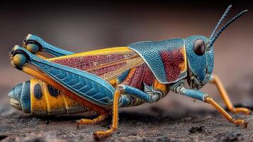 Colorful grasshopper on a rocky surface during daylight in a natural habitat environment photo