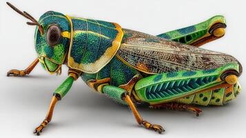 Colorful grasshopper resting on a surface showcasing intricate patterns and details in bright green and blue hues photo