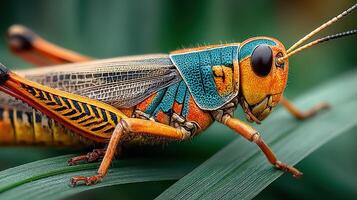 Colorful grasshopper perched on a green leaf in a vibrant natural setting during daylight hours photo