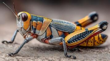 Close-up view of a colorful grasshopper showing intricate details and vibrant colors in a natural setting, highlighting its unique features photo