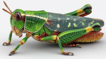 Detailed close-up of a vibrant green grasshopper showcasing intricate patterns and textures photo