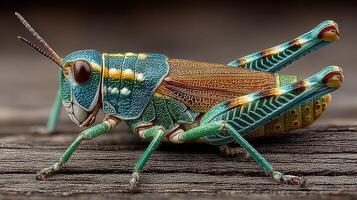 Colorful grasshopper perched on wooden surface during late afternoon light photo