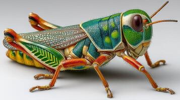Detailed close-up of a colorful grasshopper showcasing intricate patterns and vibrant colors in nature's design photo