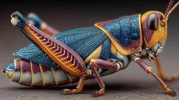 Colorful grasshopper resting on a surface displaying intricate patterns and vivid hues photo