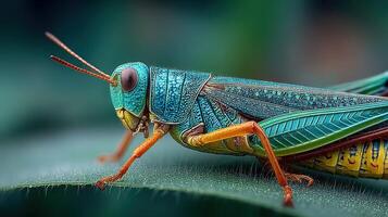 Colorful grasshopper rests on a leaf in a vibrant green environment during daytime photo