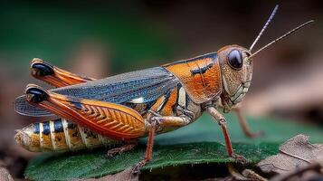Colorful grasshopper resting on a leaf in a vibrant environment during the daytime photo