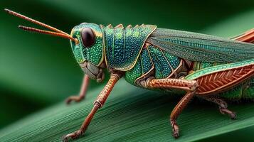 Bright green grasshopper resting on a leaf in a lush garden during sunny afternoon photo