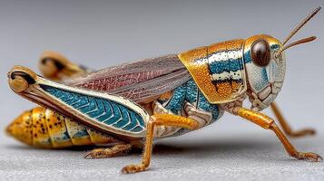 Colorful grasshopper showcasing intricate patterns under natural light in a close-up view in a garden setting photo