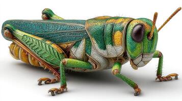 Detailed close-up of a colorful grasshopper on a white background highlighting its unique features and textures photo