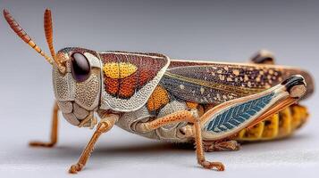 Detailed view of a colorful grasshopper showcasing intricate patterns and features in natural light photo