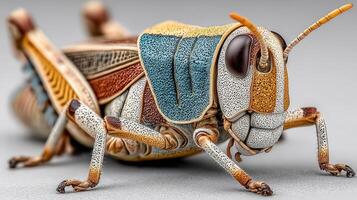 Detailed close-up of a colorful grasshopper showcasing intricate textures and patterns in nature photo