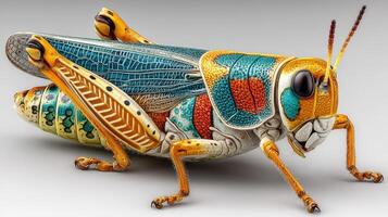 Colorful grasshopper displays intricate patterns and markings in close-up view with striking detail photo