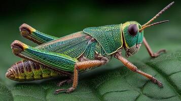 Detailed close-up of a colorful grasshopper resting on a green leaf in natural habitat photo