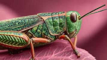 Colorful green grasshopper resting on a vibrant leaf in a natural setting during daylight hours photo