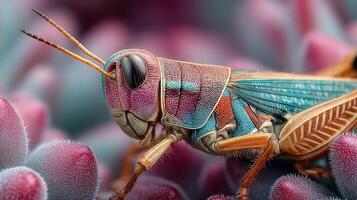 Detailed close-up of a colorful grasshopper resting on vibrant succulent plants in bright daylight photo
