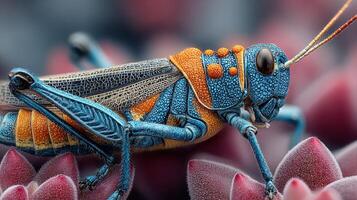 Close-up view of a colorful grasshopper resting on succulent plants under natural light photo