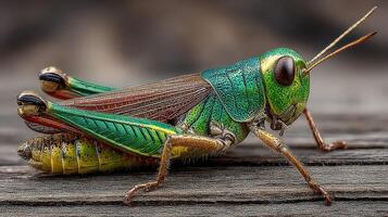 Bright green grasshopper resting on a wooden surface in the afternoon sun photo