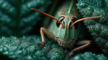 Close-up view of a grasshopper resting on green leaves in a lush garden during early morning photo