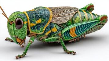 Close-up of a colorful grasshopper displaying vibrant patterns and intricate details in a studio setting during daytime hours photo