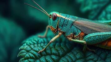 Vibrant turquoise grasshopper perched on lush green foliage under soft natural light photo