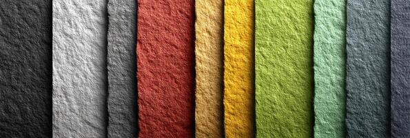 Colorful textured paper arranged in vertical strips showcasing diverse hues for creative projects photo