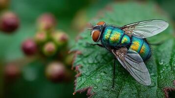 Brightly colored fly resting on a green leaf surrounded by blurred red buds on a sunny day photo