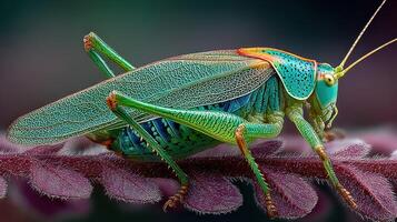 Grasshopper perched on a delicate leaf showcasing its vibrant colors and intricate details in a close-up view photo