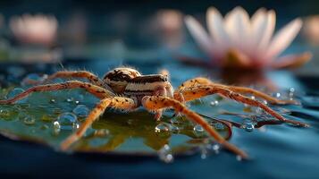 Close-up view of a spider on a water lily leaf in a serene pond during the afternoon photo