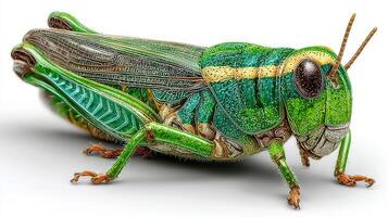Close-up view of a vibrant green grasshopper showcasing intricate details in a natural setting during daytime photo