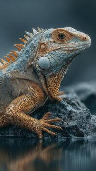 Lizard basking on rocky surface near water in a serene habitat during daylight hours photo