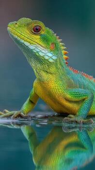 Colorful lizard displaying vibrant scales near water in a lush environment photo