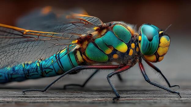 vibrante libélula descansando en de madera superficie, exhibiendo intrincado patrones y vívido colores en natural ligero foto