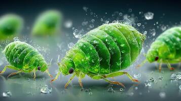 Close-up view of green aphids surrounded by water droplets on a surface during daylight photo