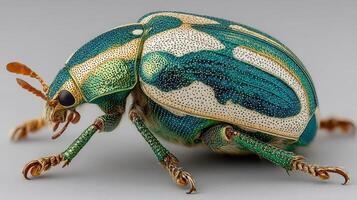 Colorful green beetle resting on a gray surface showcasing intricate patterns and details photo