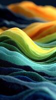 Colorful waves of fabric create an abstract landscape resembling rolling hills at sunset with vibrant hues photo