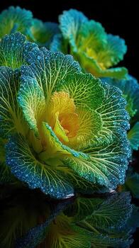 Vibrant lettuce with dew drops showcasing intricate patterns in a dark background photo