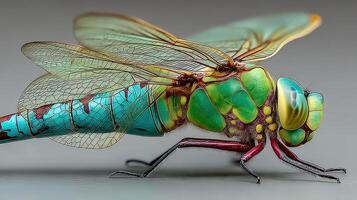 Brightly colored dragonfly exhibits detailed features in macro perspective, showcasing nature's beauty and complexity photo