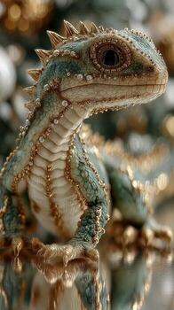 Lizard with intricate details adorned with jewels sits on a reflective surface in a soft-focus background photo